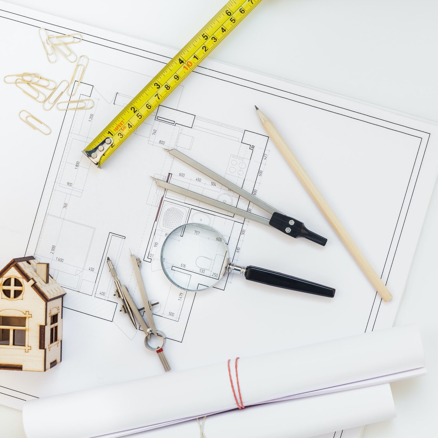 Plans, échantillons et outils réunis pour préparer un projet d’aménagement