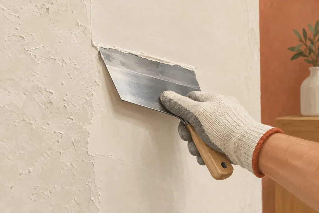 Illustration d’une lame large étalant une couche d’enduit pour lisser un mur intérieur.
