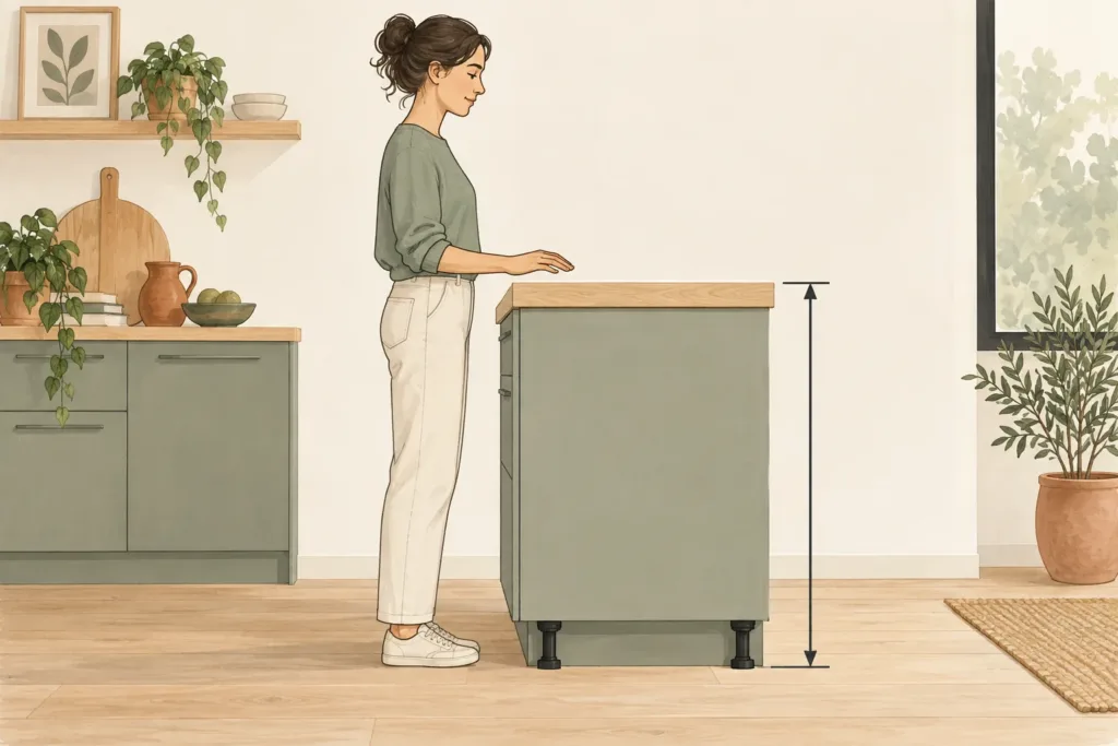 Illustration de la hauteur d’un plan de travail mesurée du sol fini au dessus du plan, près d’une personne debout.