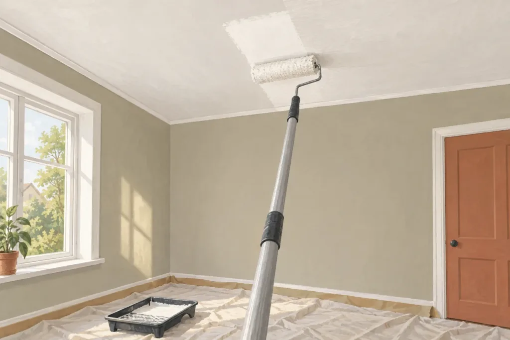 Illustration d’un rouleau sur perche peignant un plafond dans une pièce au sol protégé.