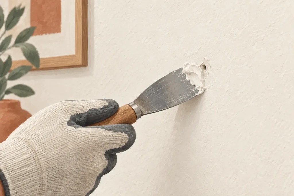 Illustration d’un couteau à enduire appliquant du rebouchage sur un petit trou dans un mur.