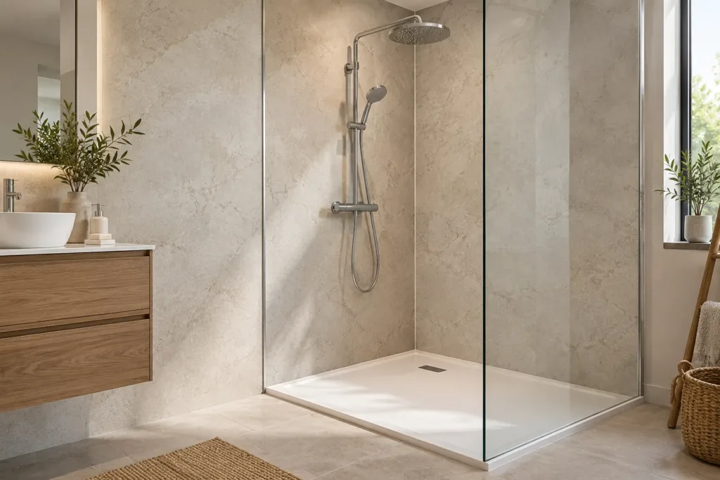 Panneaux muraux effet pierre claire dans un angle de douche.